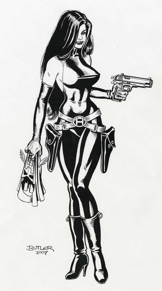 Madame Hydra wielding her gun, mask in hand - Copic Marker