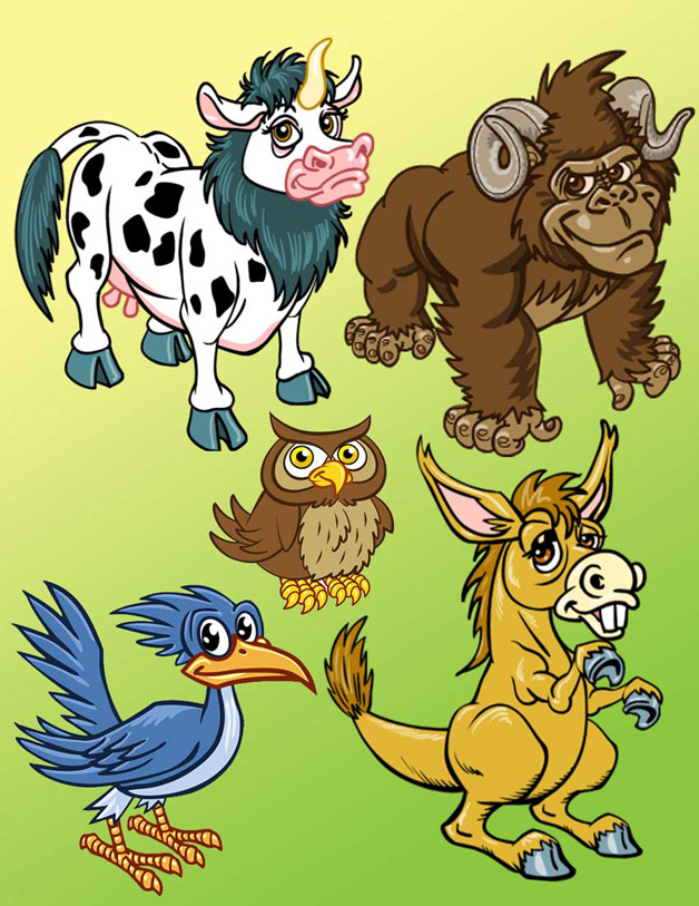 Goofy cartoon animals: cow, ape, owl, donkey, bird