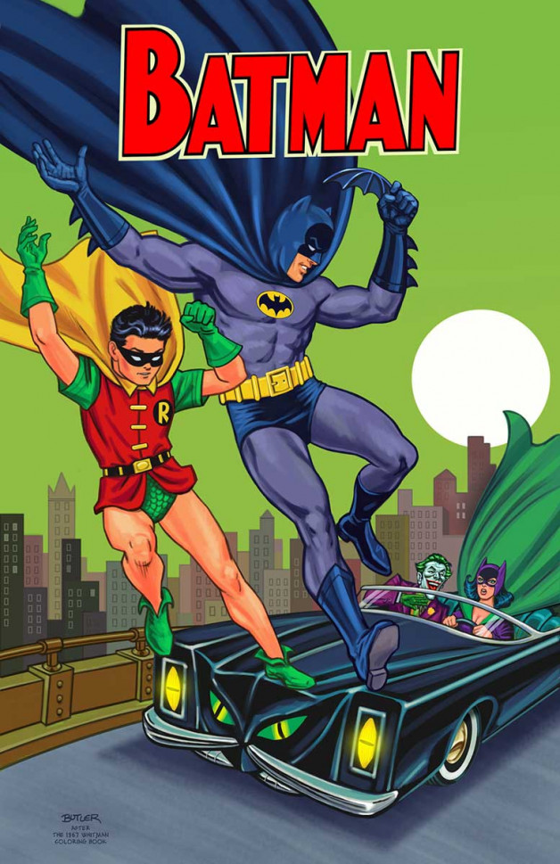 Batman and Robin decend on a moving car
