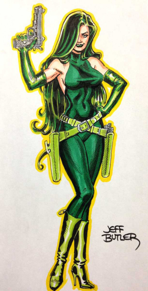 Madame Hydra wielding her gun, mask in hand - Copic Marker