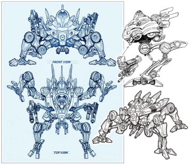 Robot Ship Vehicle Design Blue Pencil and Photoshop 2010