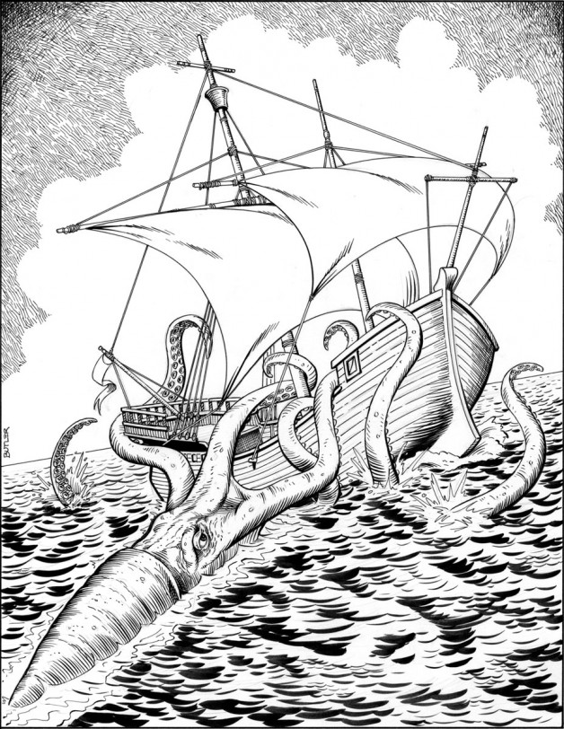 Giant Squid Attack Game Module Interior Brush and Ink 1987
